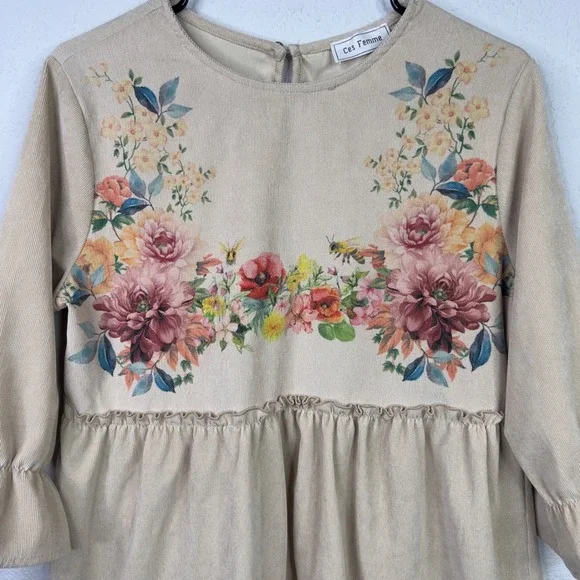 Ces Femme Shirt Womens M Beige Corduroy Floral Babydoll Boho Cottage Whimsical - Picture 3 of 8
